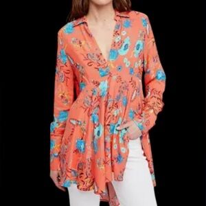 Free People Floral Coral Orange Flowy V Neck Tunic High Low Top Dress